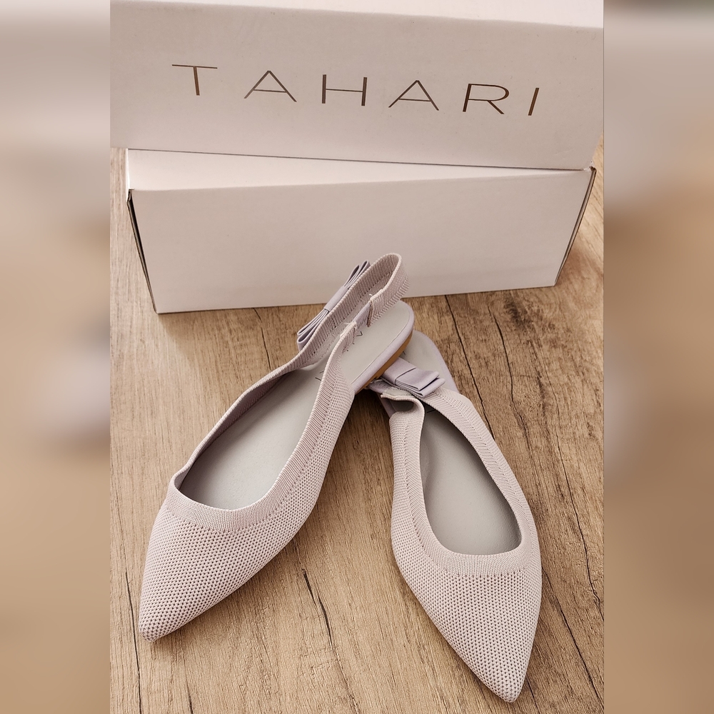 Tahari‎ Singapore Slingback Flats Size 9 Pointed Toe Knit Bow Gray